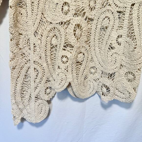 Womens Open Knit Crochet Paisley Sweater Large Cottagecore Oatmeal Boho - Picture 3 of 12